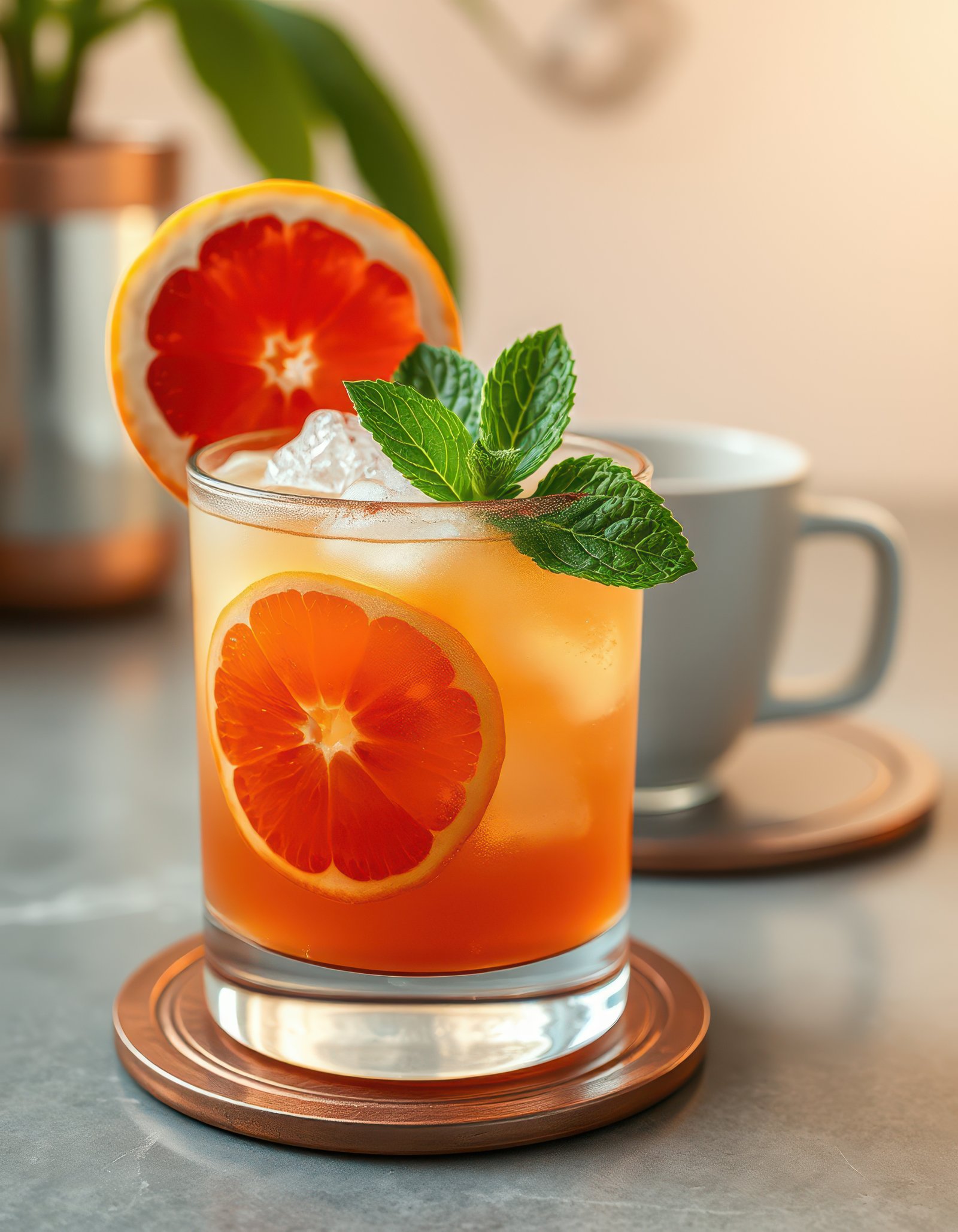 Refreshing summer cocktail with citrus and mint displayed on a stylish marble surface